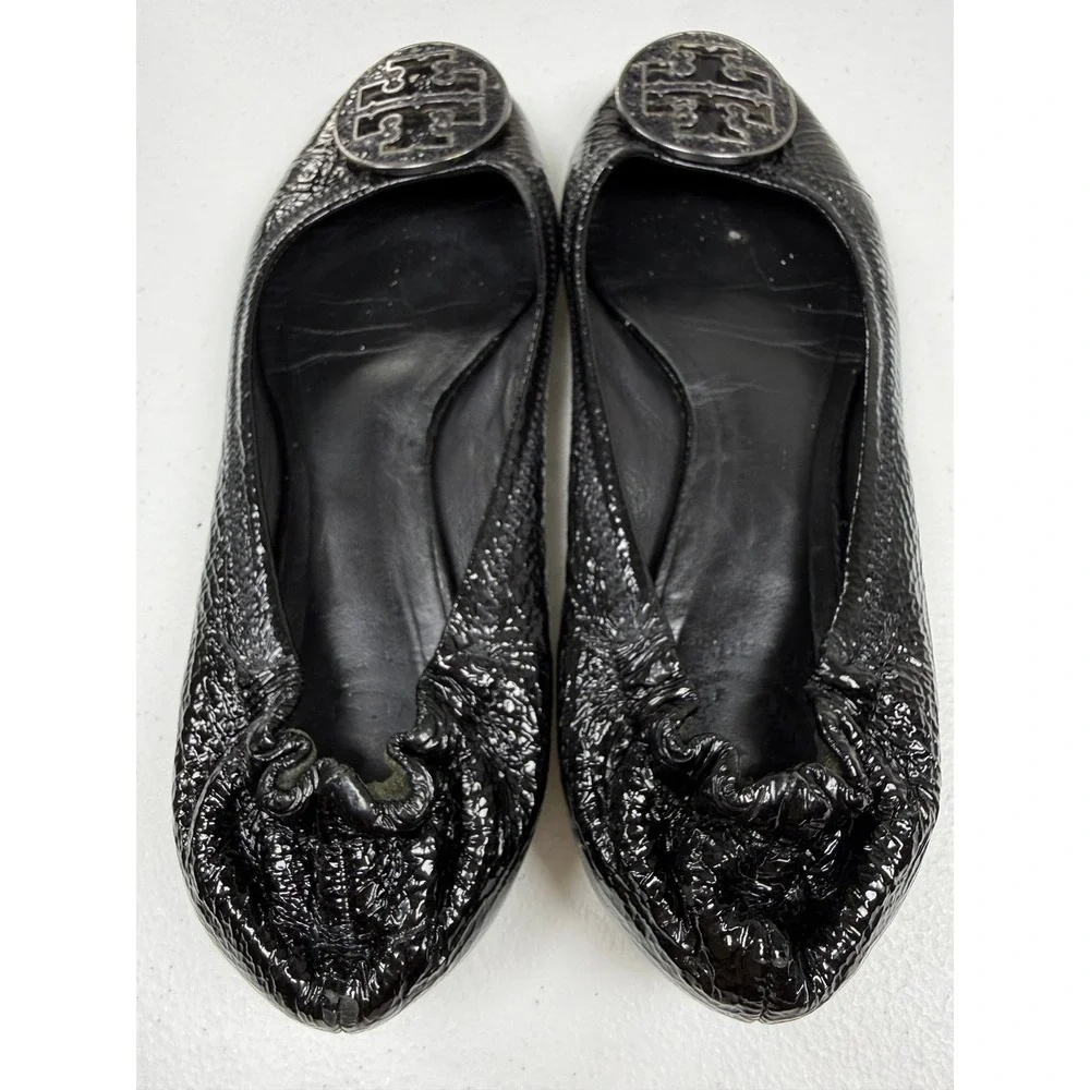Tory Burch Reva Ballet Flats Women 7 Black Patent Leather Logo Glitter Medallion